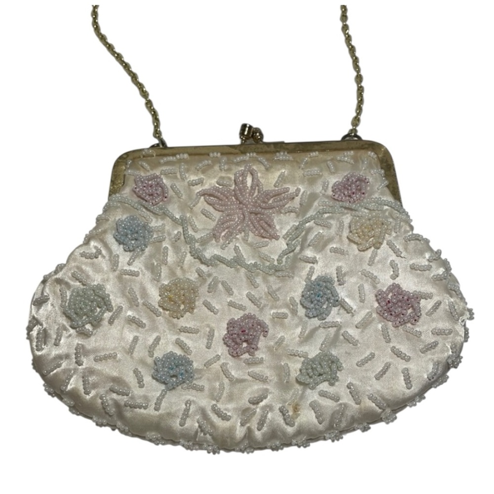Vintage Regal Hong Kong Elegant White Beaded Clutch Evening Bag